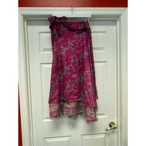 Jezabel Silky Fuchsia Print Tie Waist Layered Wrap Reversible Skirt One Size EUC
